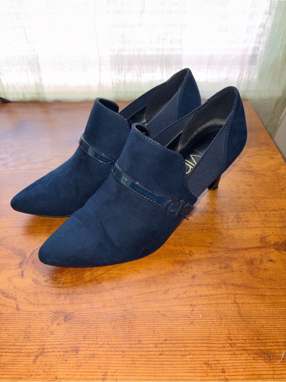 Calvin Klein Navy Suede Pointed Kitten Heel Slip-On Pumps